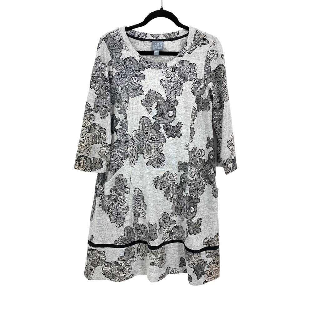 Rabbit Rabbit Rabbit Designs Dress Womens Sz L 3/4 Sleeve Gray Paisley Floral
